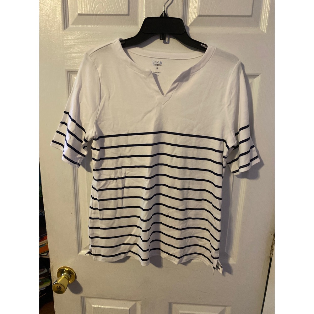 Croft & Barrow Womens White Navy Blue Striped Classic Splitneck Top Size M